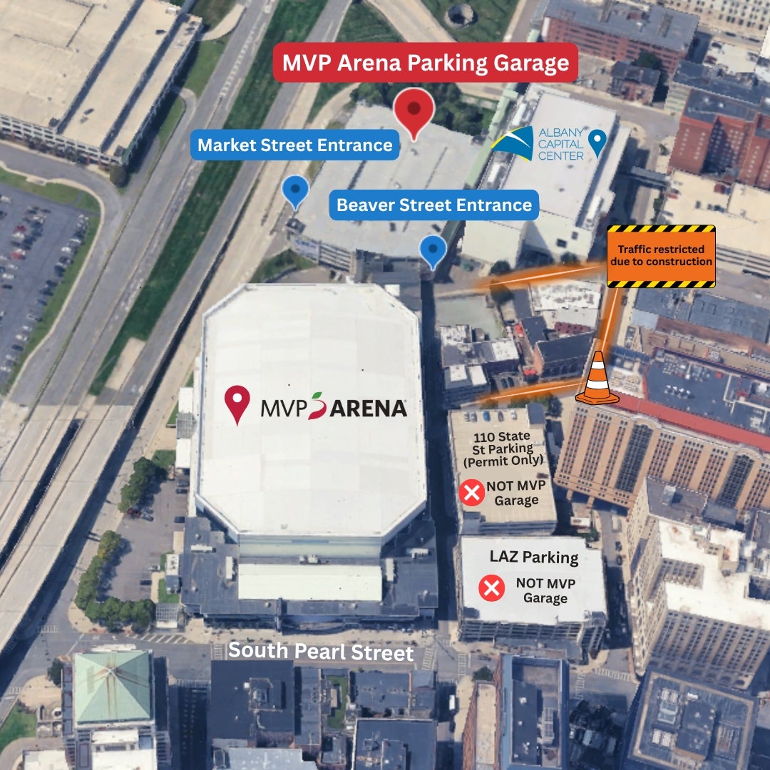 map of roads surrounding MVP Arena showing traffic restrictions on Eagle, Howard and Lodge Streets